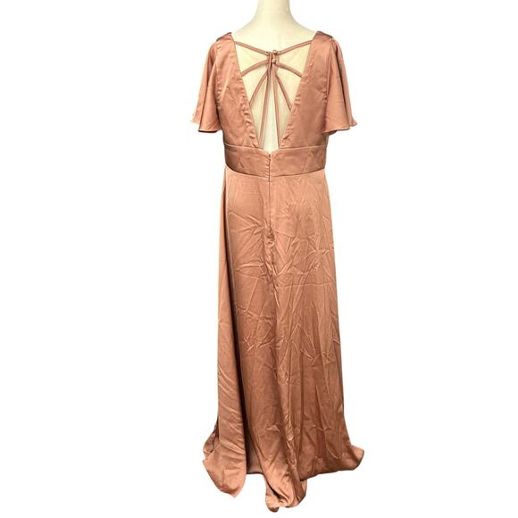 Romantic satin bridesmaid gown‎ Azazie flutter sleeve formal dress size A14
